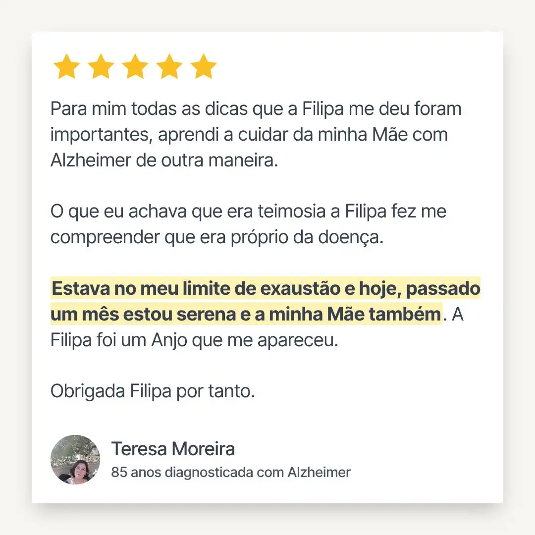 Testemunho de 5 estrelas sobre apoio a cuidadora de familiar com Alzheimer