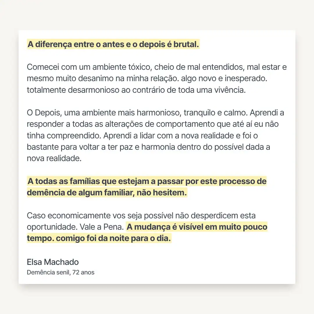 Testemunho sobre transformação do ambiente familiar com consultoria em demência